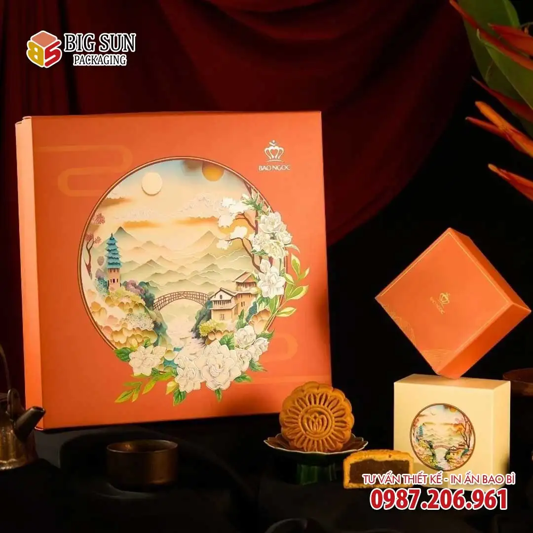 In hộp bánh trung thu Bình An Bảo Ngọc màu cam