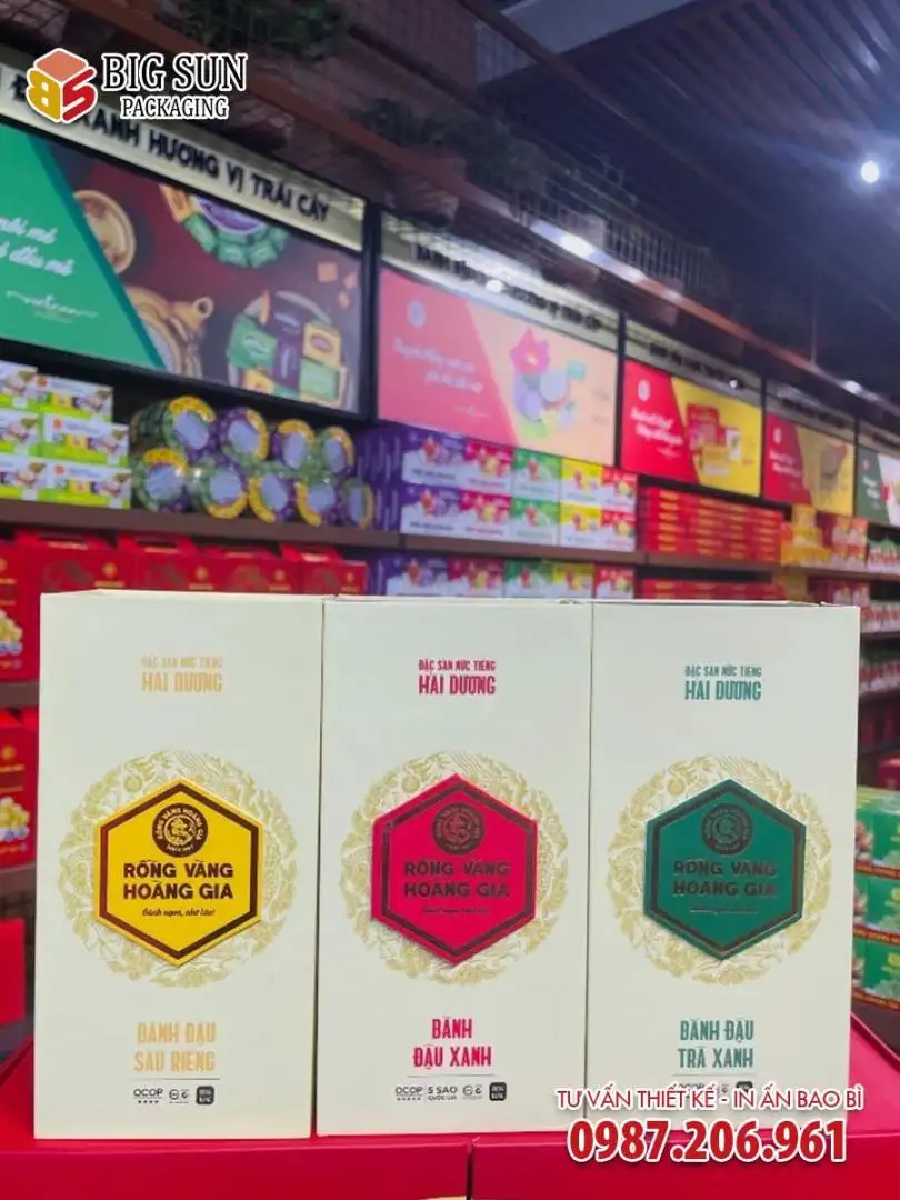 In hộp đựng bánh đậu xanh Hoàng Gia OCOP