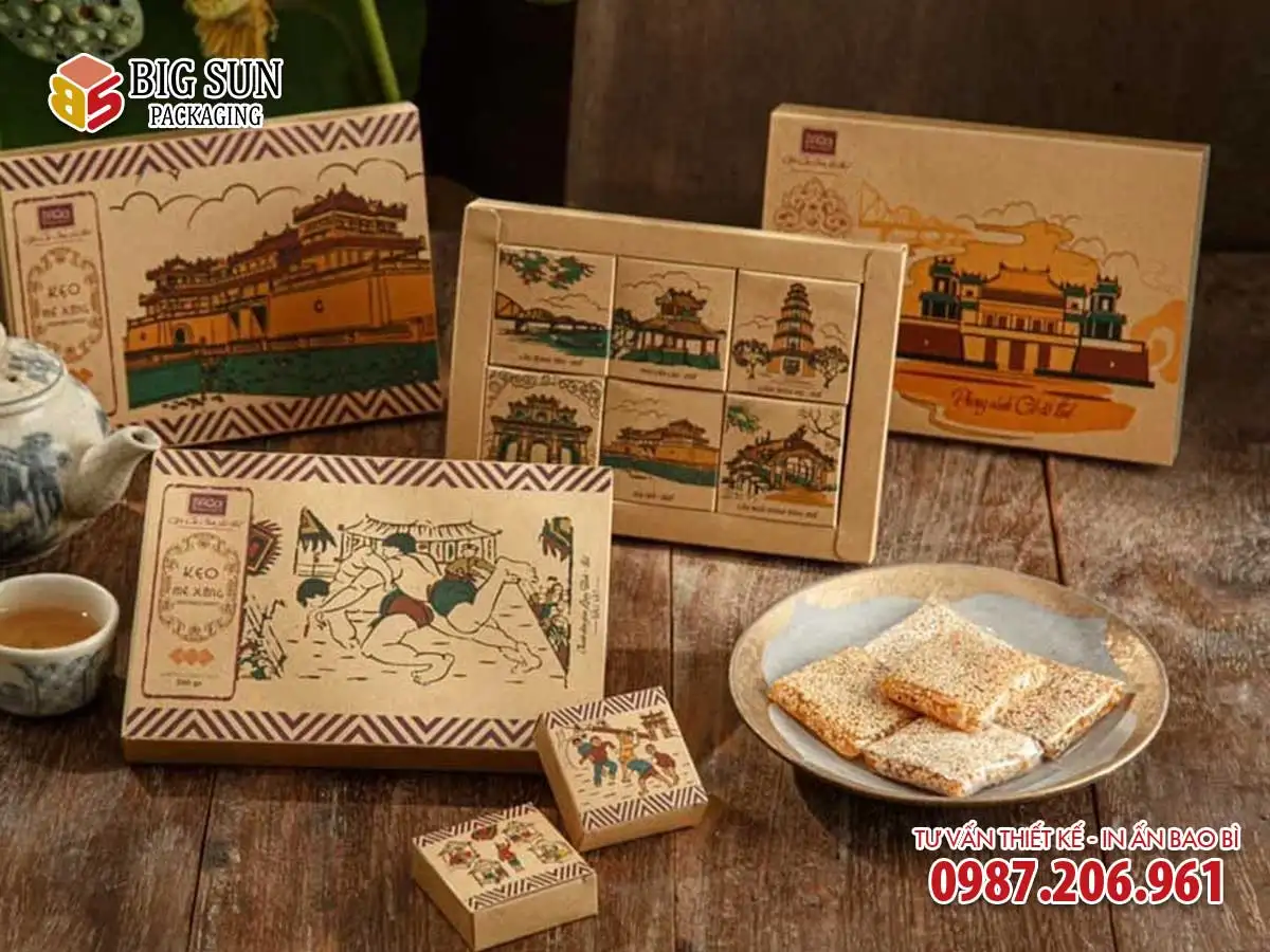 In hộp đựng kẹo mè xửng Huế