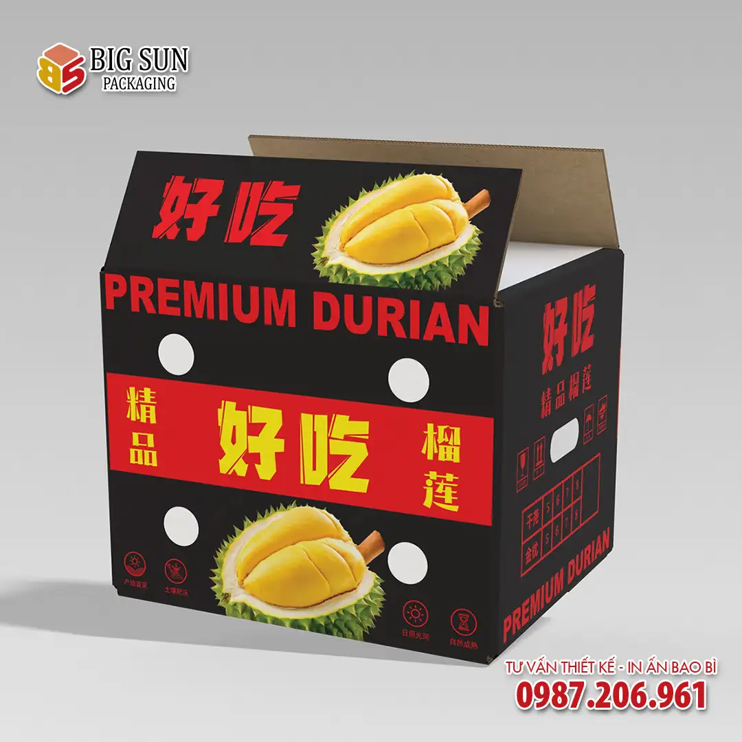 In thùng carton đựng sầu riêng màu đen thượng hạng